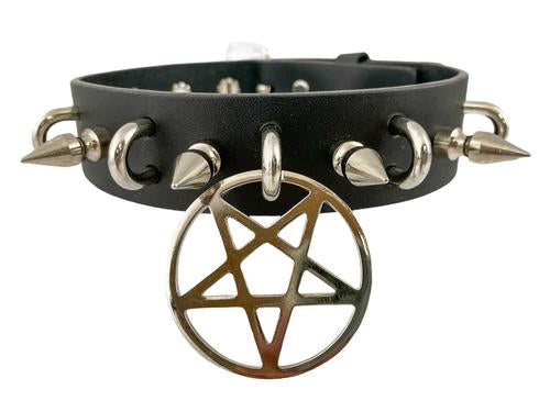 Black leather collar with 1" silver spikes, silver U ring detail, and 2" silver inverted pentagram hanging from front center.