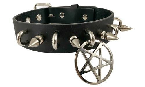 Black leather collar with 1" silver spikes, silver U ring detail, and 2" silver inverted pentagram hanging from front center.