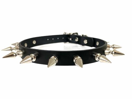 Black leather collar with 1" silver spikes.