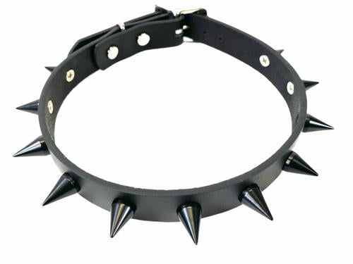 Black leather collar with single row of small black cone spikes.