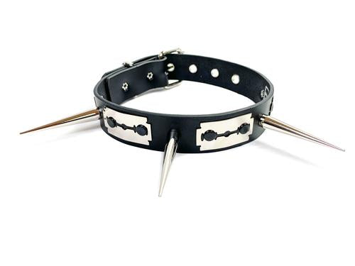 Black leather collar with three silver fake razorblades and three needle spike details.