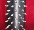 black leather gauntlet bracelet with five rows of small silver tree spikes