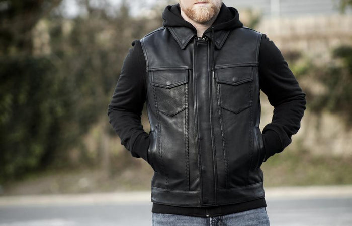 model showing front of vest/jacket