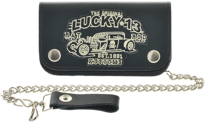 front of Black leather wallet with chain, leather clasp, and a fully embroidered patch of Lucky 13's "Rat Rod" design.