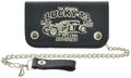 front of Black leather wallet with chain, leather clasp, and a fully embroidered patch of Lucky 13's "Rat Rod" design.