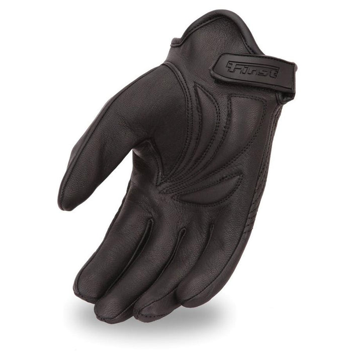 inside of Black leather lined cruising glove with gel palm and adjustable Velcro wrist strap. Leather.