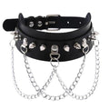 Black leather collar with silver spikes and small silver D rings with attached silver hanging looped chains.