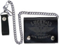 Black tri-fold, chain wallet with leather clasp, double snaps, and embossed with the Lucky 13 "Winged Piston" logo.