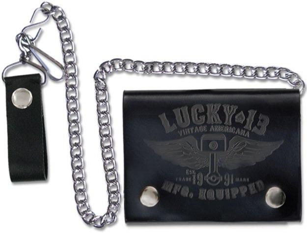 Black tri-fold, chain wallet with leather clasp, double snaps, and embossed with the Lucky 13 "Winged Piston" logo.