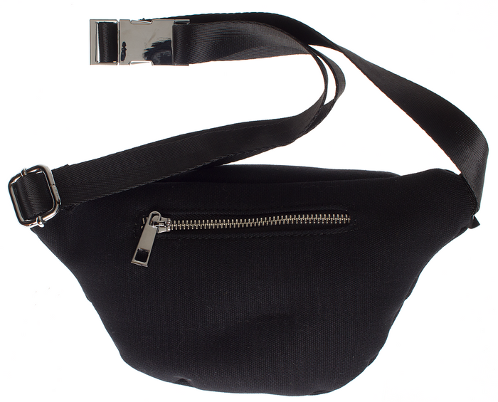back view of Black canvas fanny pack features a durable canvas body accented by stud detailing. Zip closure, with interior and exterior zippered pockets, and an adjustable nylon strap with metal buckle. Fanny pack has additional front zipper pocket, and additional back zipper pocket.