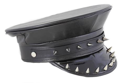 Black matte police hat with shiny patent vegan leather bill. Bill has silver spike details.