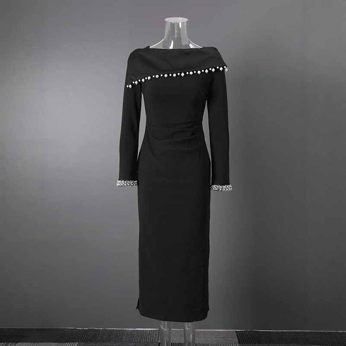 Black Off Shoulder Beaded Dress – Long Evening Gown for Women