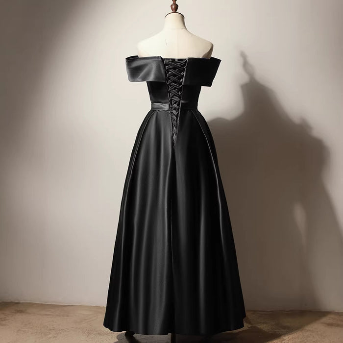 Black Off-Shoulder Evening Dress | Satin Corset Formal Gown with Sweetheart Neckline | Vintage A-Line Party Dress