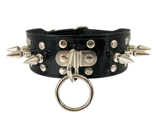 Black patent leather shiny collar with silver spikes, silver rivet studs, and 1" silver O ring hanging from a silver D ring in front center.
