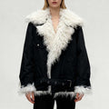 sd-hk black plush fuzzy jacket for women with a cozy white fur collar and cuffs for style and warmth