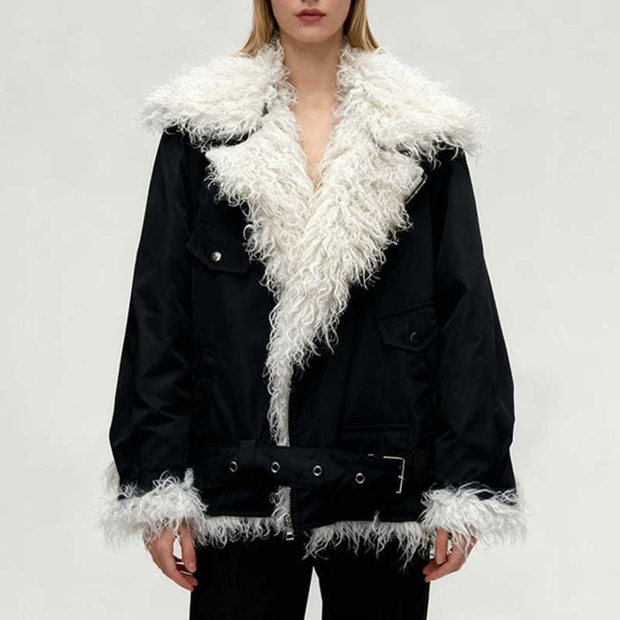 sd-hk black plush fuzzy jacket for women with a cozy white fur collar and cuffs for style and warmth