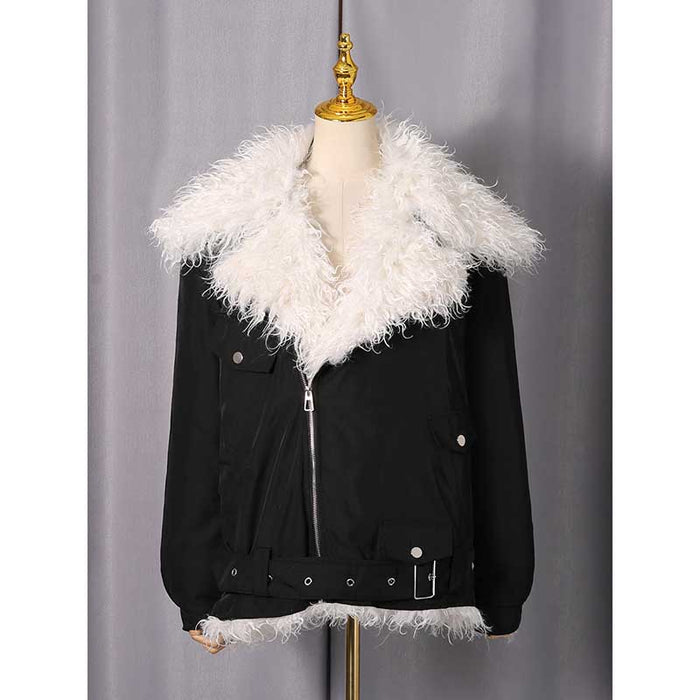 Stylish black plush fuzzy jacket for women with a white faux fur collar and adjustable waist
