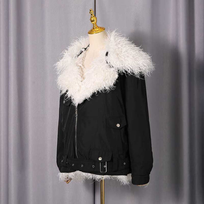 Stylish black plush fuzzy jacket for women with a luxurious white fur collar and front zip closure