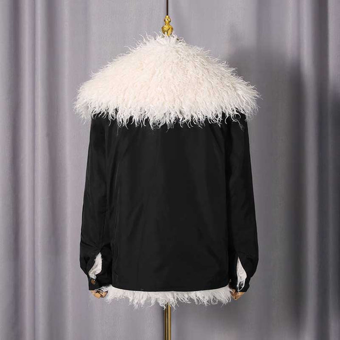Back view of a stylish black plush fuzzy jacket for women with a fluffy white collar