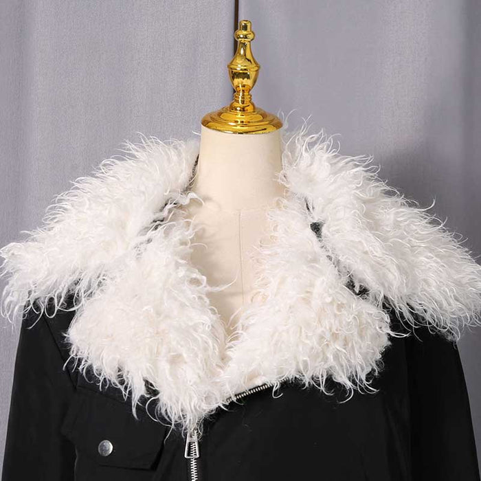 Stylish black plush fuzzy jacket for women featuring a white fluffy collar for added warmth and elegance