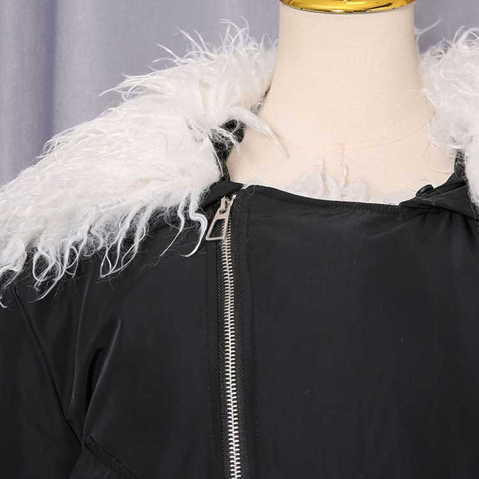 Stylish black plush fuzzy jacket for women with a cozy hoodie and soft fur collar