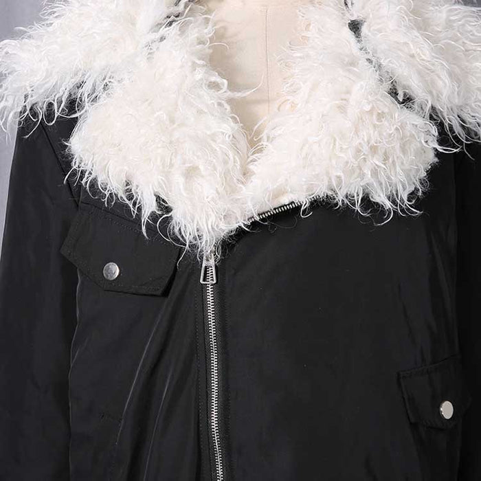 Stylish black plush fuzzy jacket for women with a soft white fur collar and button pockets