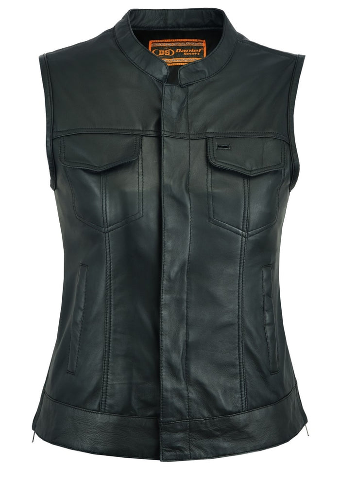 women's black leather back panel concealment vest with two side pockets and two snap closure breast pockets with hidden snap closure