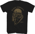 Black t-shirt with a graphic design of a person wearing goggles and a helmet, with 'Black Sabbath' text above.
