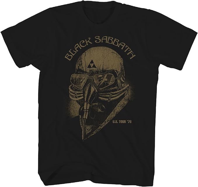 Black t-shirt with a graphic design of a person wearing goggles and a helmet, with 'Black Sabbath' text above.