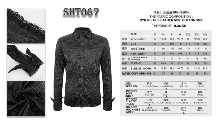 up close details on shirt, and size chart