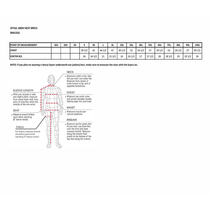 size chart for dm1331
