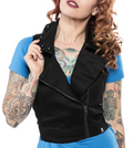 front view of Black vest. Vest has the same shape and design as a moto jacket, with a zip up front and black studs around the collar.