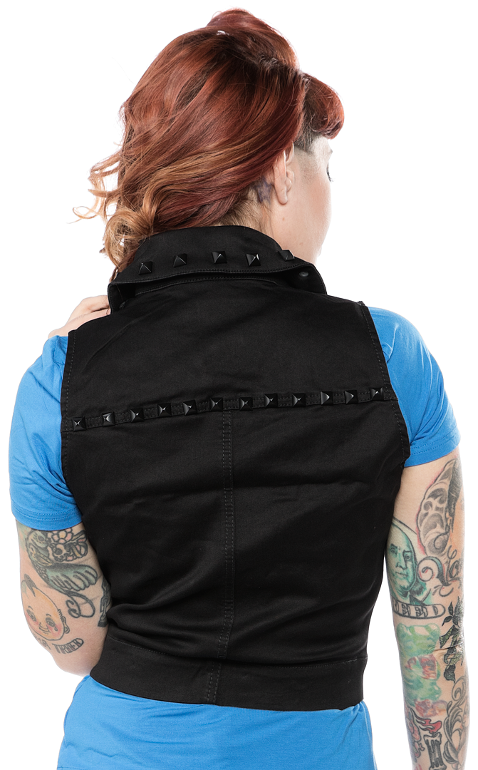 back view of Black vest. Vest has the same shape and design as a moto jacket, with a zip up front and black studs around the collar.