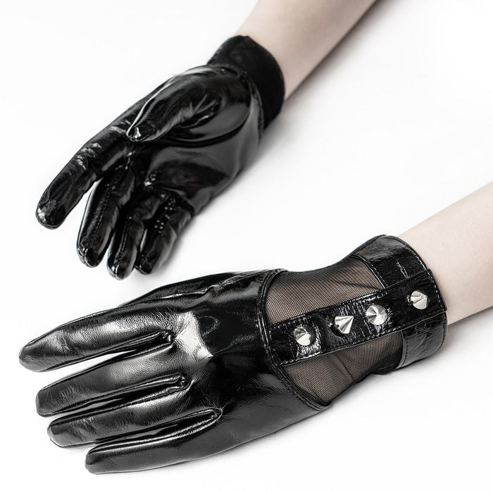 Black gloves with silver stud accents on a white background