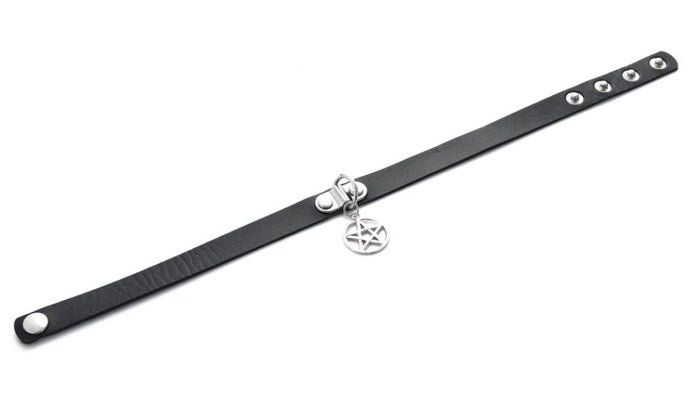 Black vegan leather choker with silver hanging pentagram.