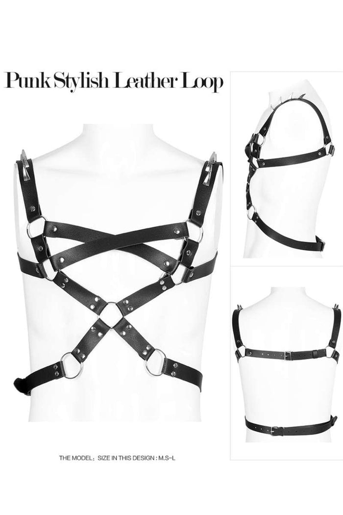 front, side and back of harness on mannequin