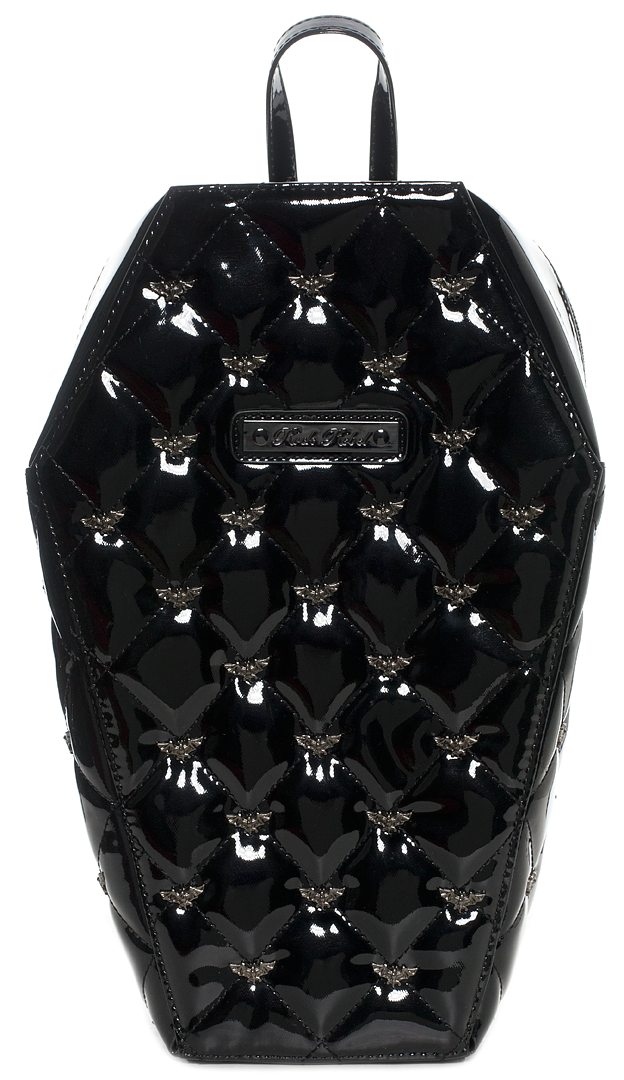 front of Black vegan vinyl coffin shaped backpack. Backpack has quilted pattern, with small silver bat studs all over backpack. Backpack has top zipper closure, two adjustable straps on the back, and black and white spiderweb liner,