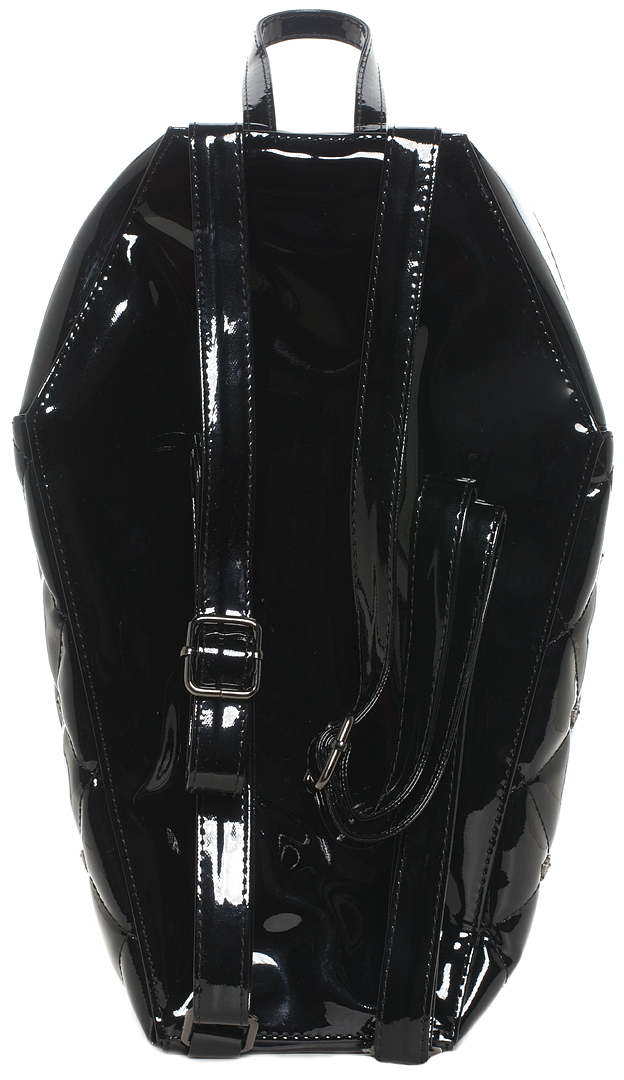back of Black vegan vinyl coffin shaped backpack. Backpack has quilted pattern, with small silver bat studs all over backpack. Backpack has top zipper closure, two adjustable straps on the back, and black and white spiderweb liner,