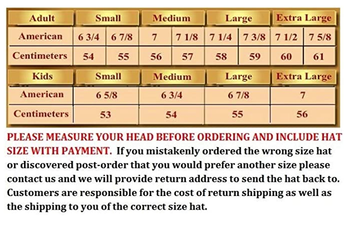 Cowboy hat size chart