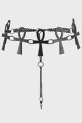 Black metal ankh chain link belt on a white background