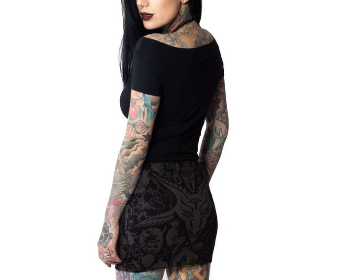 goathead devil design printed on skirt with repeated devil and pentagram designs