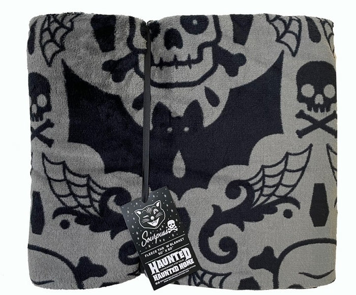 Spooky skulls, bats and webs black and gray damask pattern fleece throw blanket.