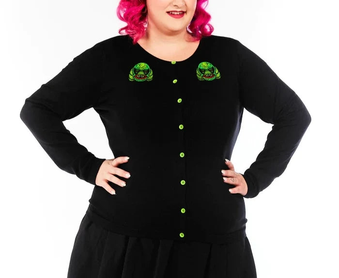 model showing front of cardigan