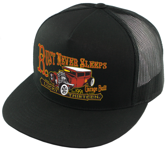 front of Black and orange/rust colored poplin-mesh snapback trucker cap. Hat has a rusty rat rod design called "Rust Never Sleeps" on the front and a "13" embroidered on the back left side. Backside has adjustable snap strap.