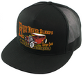 front of Black and orange/rust colored poplin-mesh snapback trucker cap. Hat has a rusty rat rod design called "Rust Never Sleeps" on the front and a "13" embroidered on the back left side. Backside has adjustable snap strap.