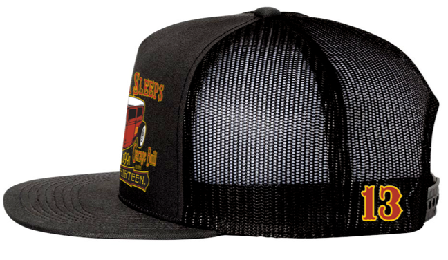 side of Black and orange/rust colored poplin-mesh snapback trucker cap. Hat has a rusty rat rod design called "Rust Never Sleeps" on the front and a "13" embroidered on the back left side. Backside has adjustable snap strap.