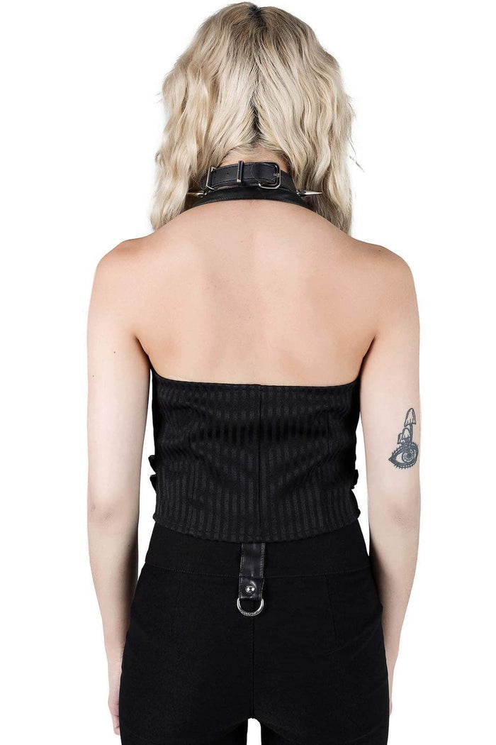 back view of black pinstripe vest with provocative low neckline, halter neck, zip front detail with cross pull and buckle details.