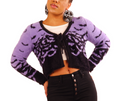 women's Purple cropped short cardigan with black bats design, cardigan ties closed at the front middle