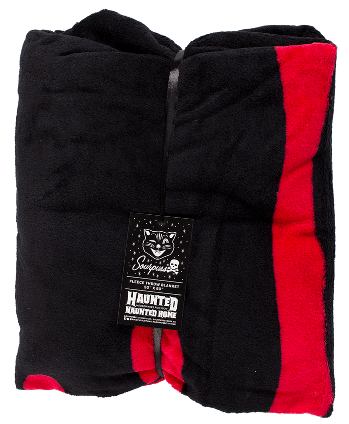 Black fleece throw blanket with red blood drip print.