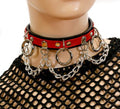 Black and red leather collar with silver hanging O rings and silver hanging chain.